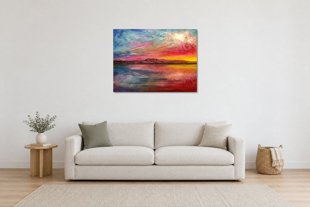 Arran Sunset ii - Original Scottish Landscape Painting displayed at 101.6 × 76.2 cm — digital room mockup