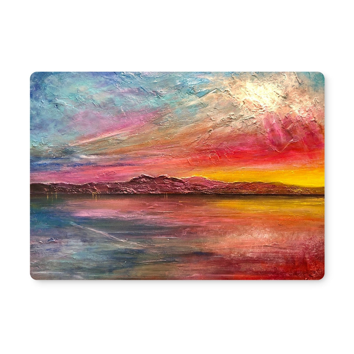 Vibrant abstract Arran Sunset II placemat with pink, orange, teal brushstrokes