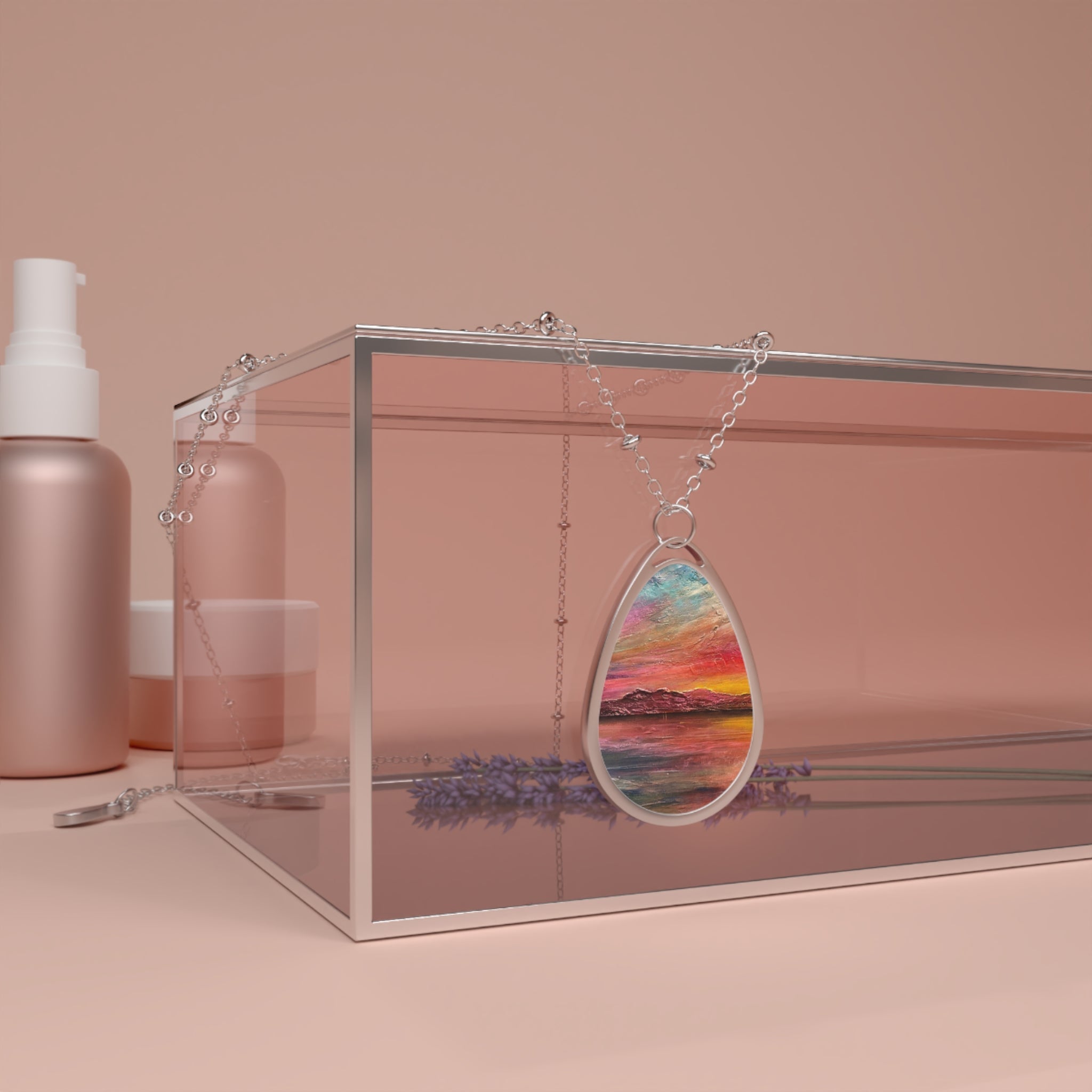 Arran Sunset II silver teardrop pendant with colorful sunset resin design