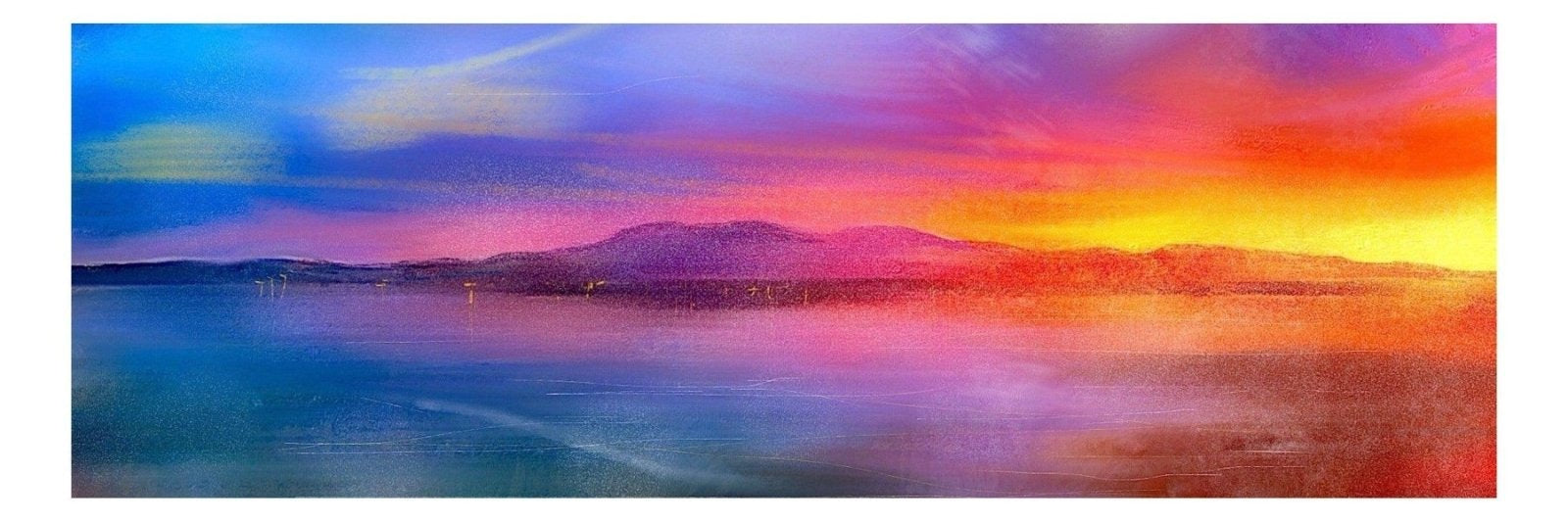 Vibrant sunset over tranquil Lake with mountains in the distance for Arran Sunset Panoramic Prints
