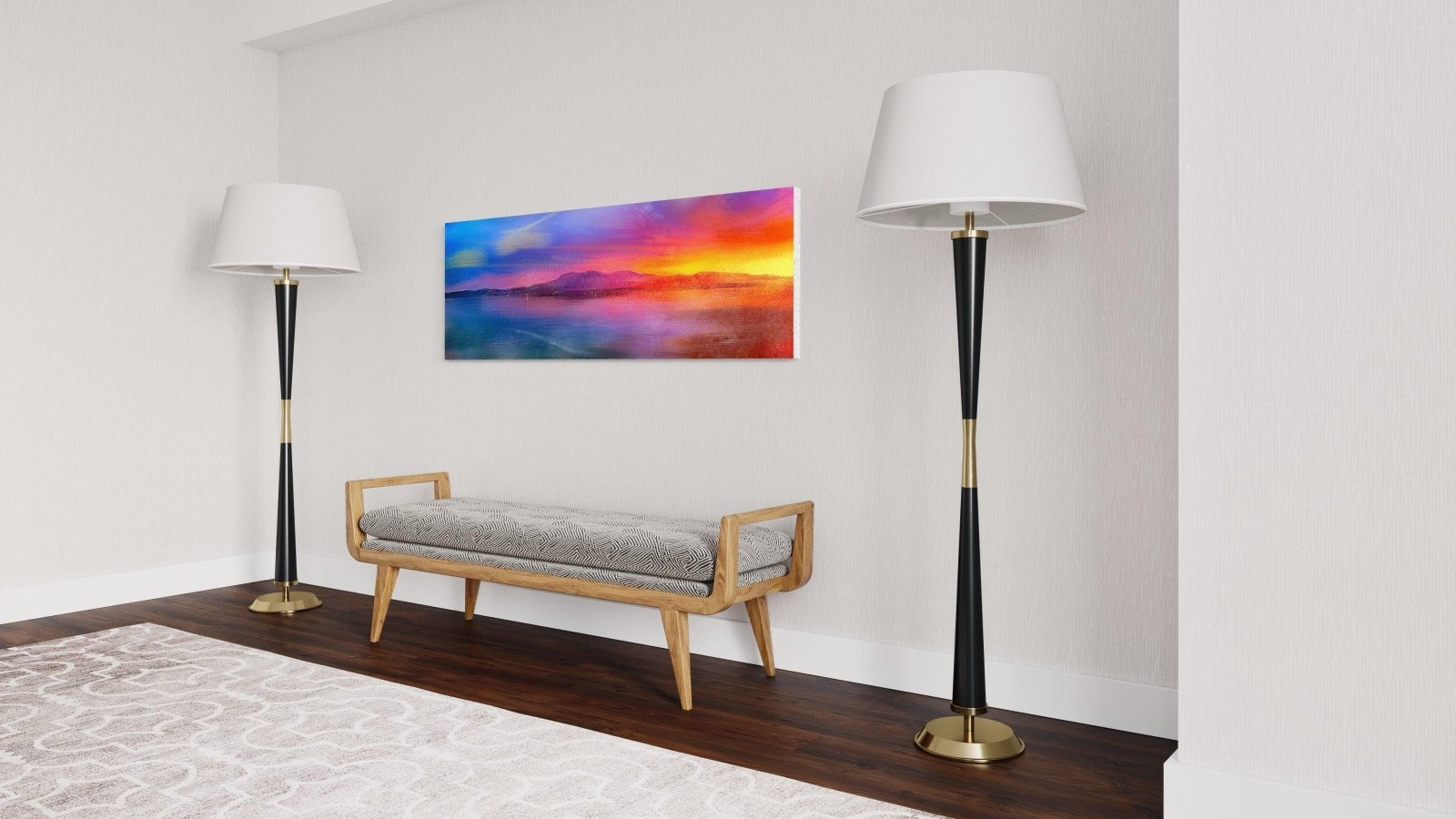 Interior scene with bench lamps and artwork from Arran Sunset Scottish wall art