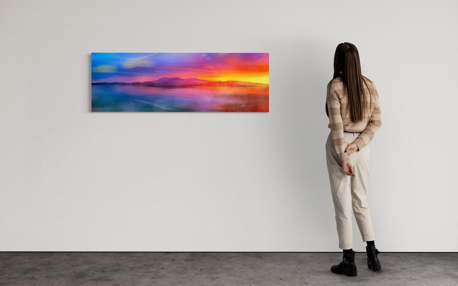 Arran Sunset Scottish wall art featuring a vibrant sunset over a mountain lake in blues and oranges