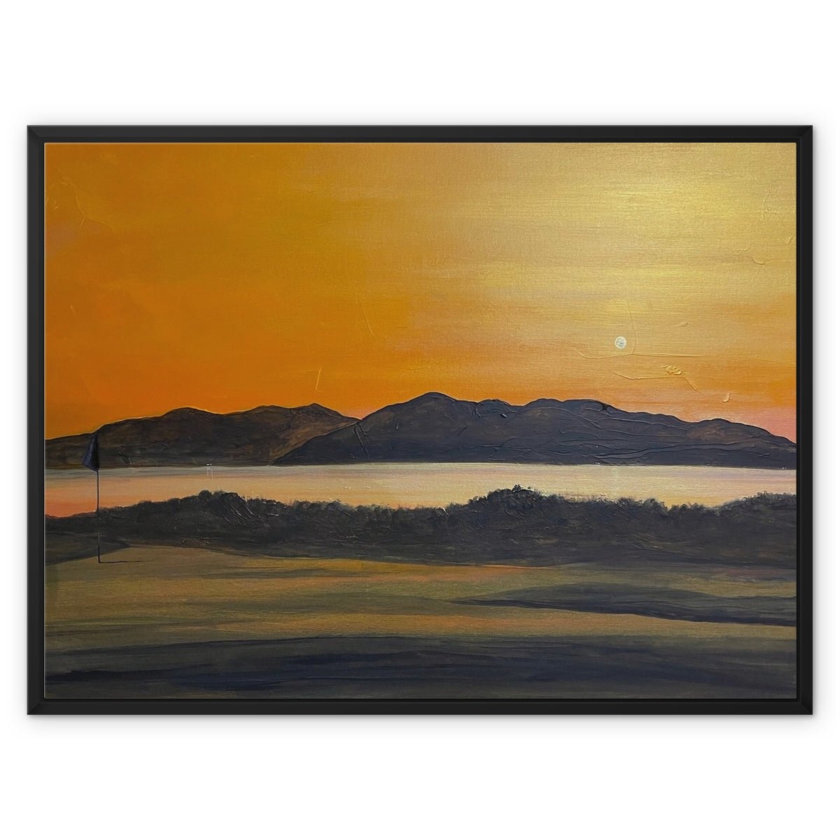 Arran & The 5th Green Royal Troon Golf Course Painting | Framed Canvas From Scotland-Floating Framed Canvas Prints-Arran Art Gallery-32"x24"-Black Frame-Paintings, Prints, Homeware, Art Gifts From Scotland By Scottish Artist Kevin Hunter