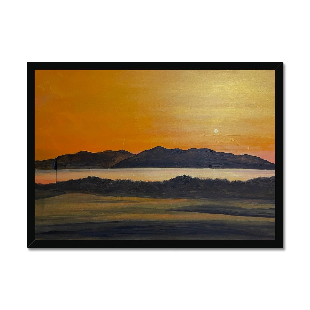 Arran & The 5th Green Royal Troon Golf Course Painting | Framed Prints From Scotland-Framed Prints-Arran Art Gallery-A2 Landscape-Black Frame-Paintings, Prints, Homeware, Art Gifts From Scotland By Scottish Artist Kevin Hunter