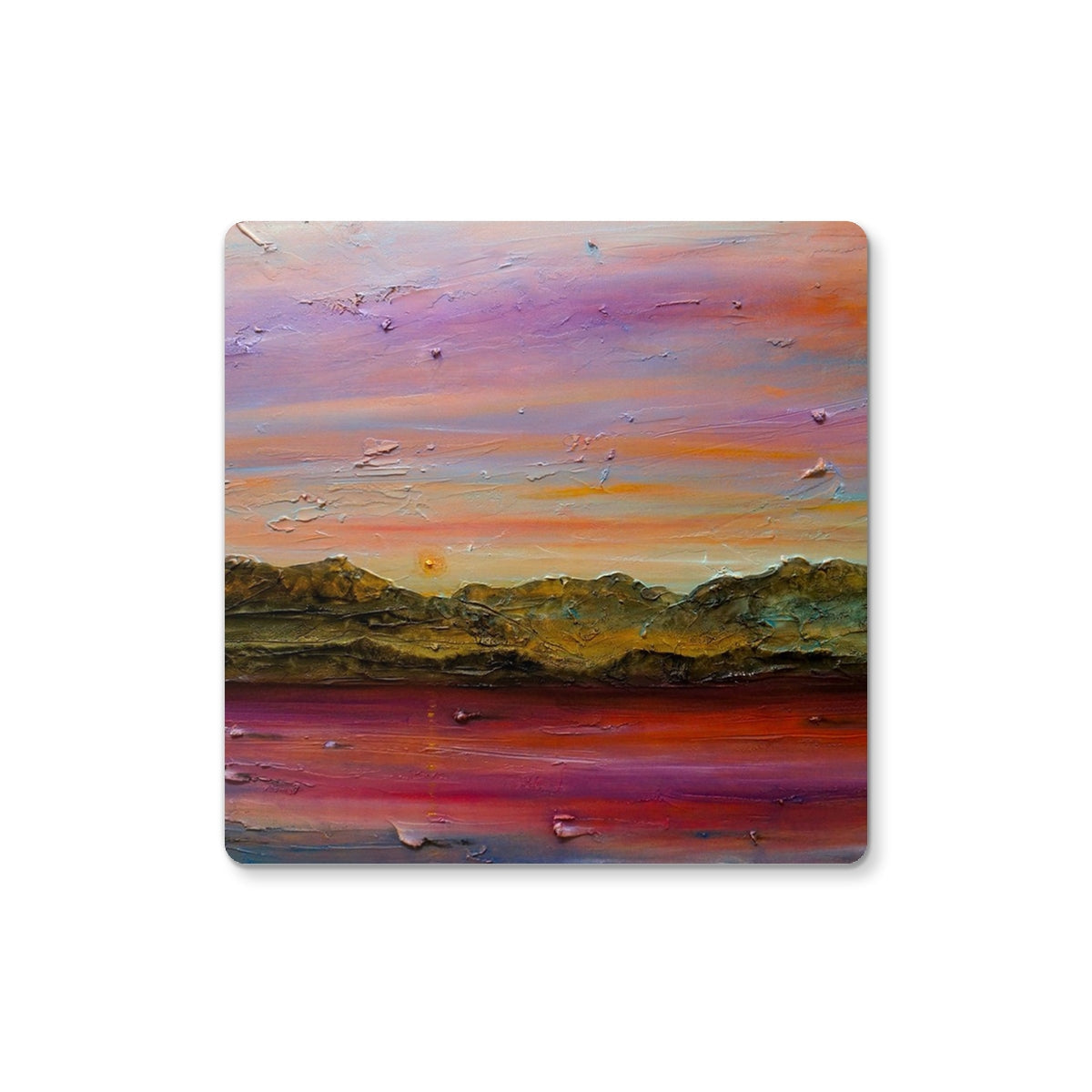 Vibrant impressionist Arran Winter Dusk coaster with sunset over mountains