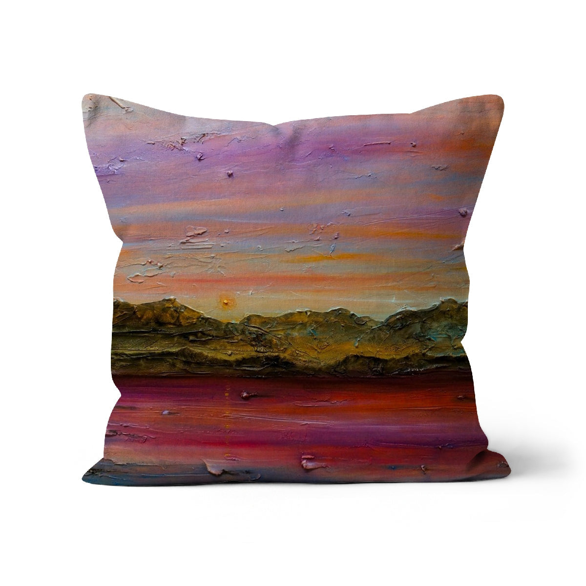 Arran Winter Dusk square cushion with textured impressionistic sunset over mountains in purples, pinks, oranges, and greens