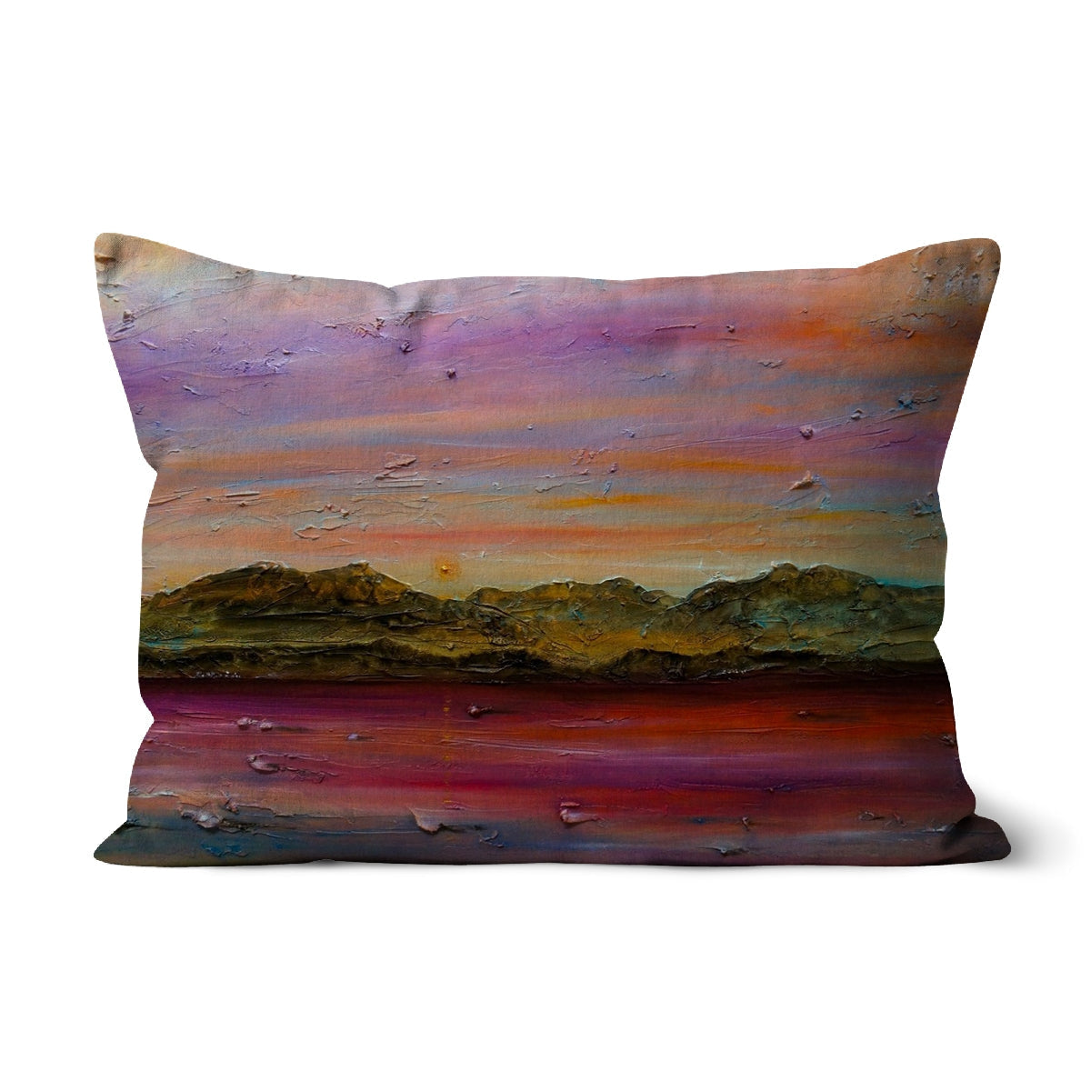 Arran Winter Dusk rectangular cushion with impressionistic purple orange red mountain landscape