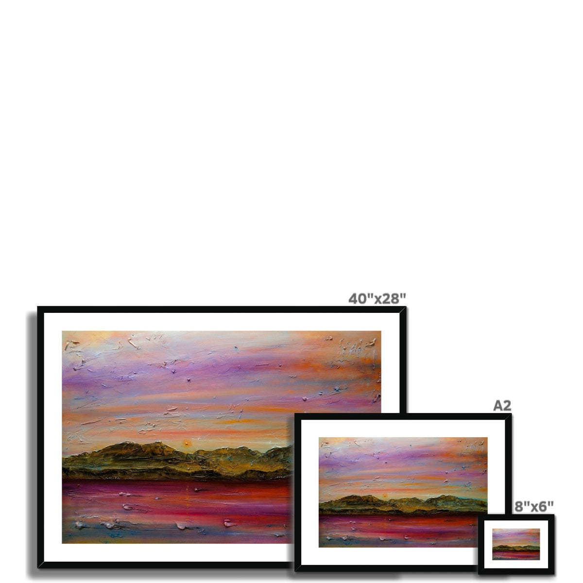 Framed 40x28-inch Arran Winter Dusk abstract landscape in pink, orange, purple