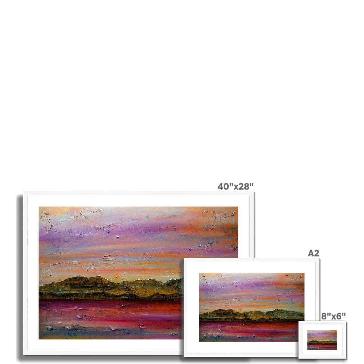 Framed 40x28-inch Arran Winter Dusk abstract landscape in orange, pink, purple