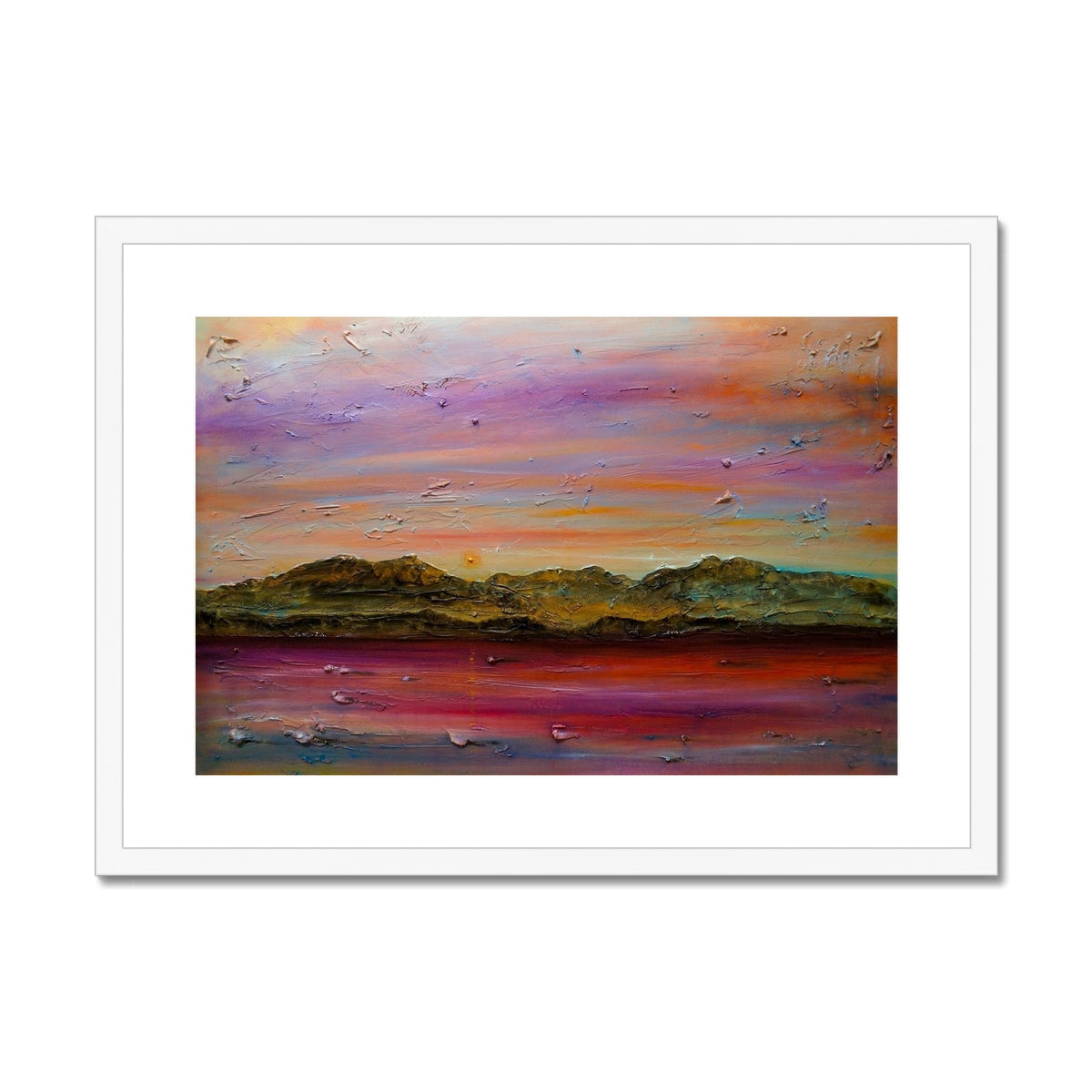 Arran Winter Dusk: Purple Pink Abstract Landscape Print in White Frame