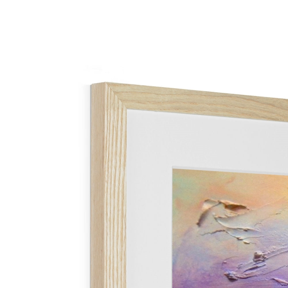Arran Winter Dusk art print in light wood frame with pastel abstract textured painting