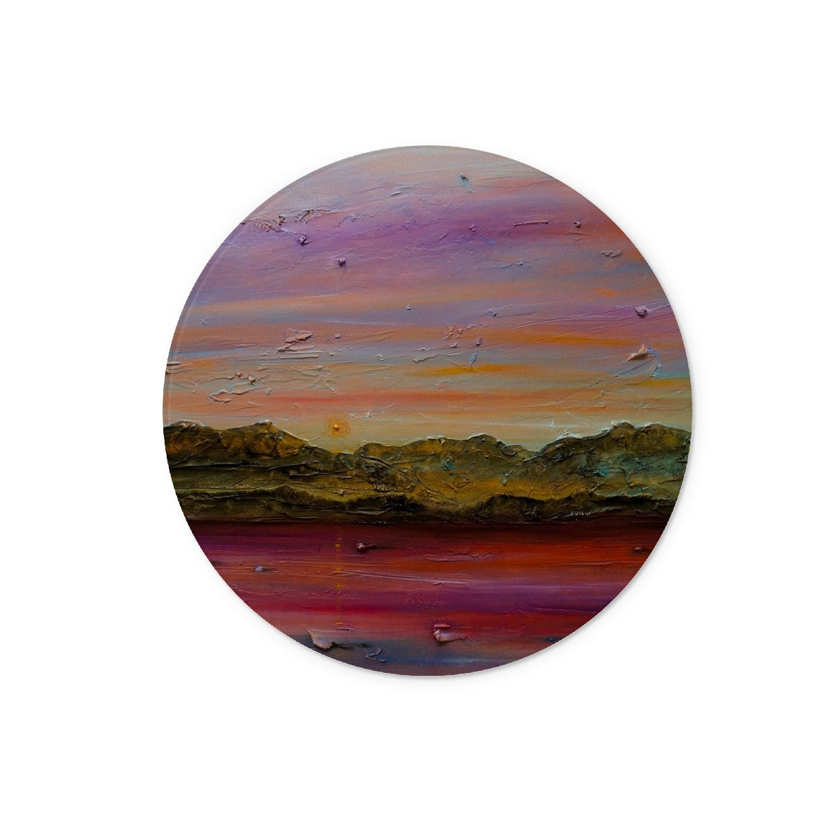 Arran Winter Dusk circular abstract glass chopping board with vibrant purple orange red textured landscape and mountains