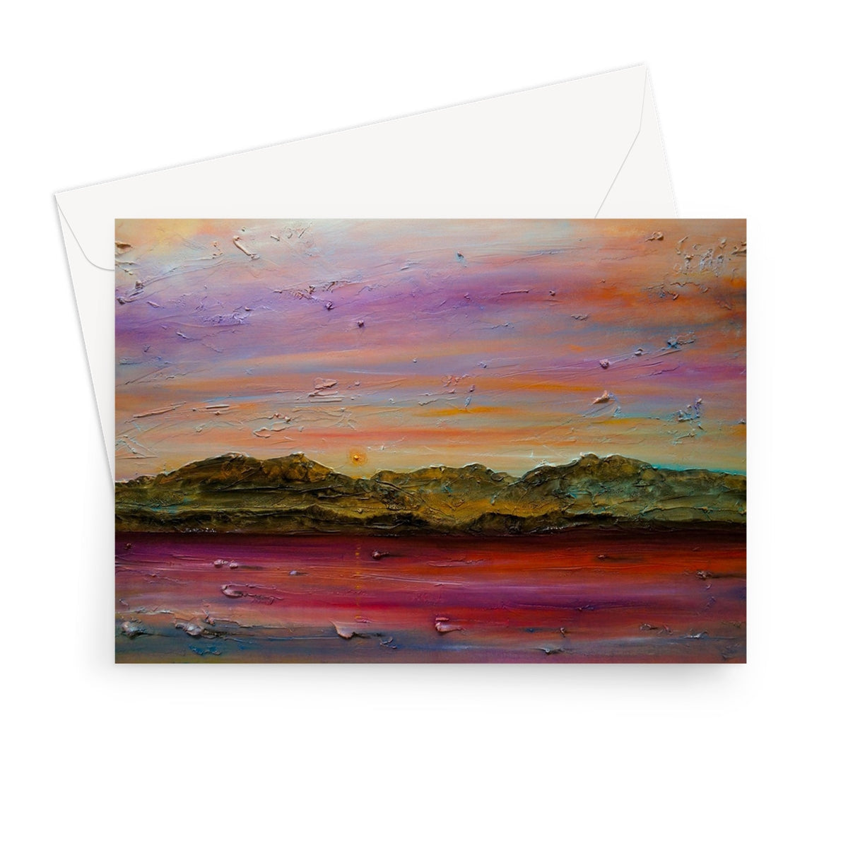 Vibrant Arran Winter Dusk sunset greeting card with textured purple orange pink hills and water