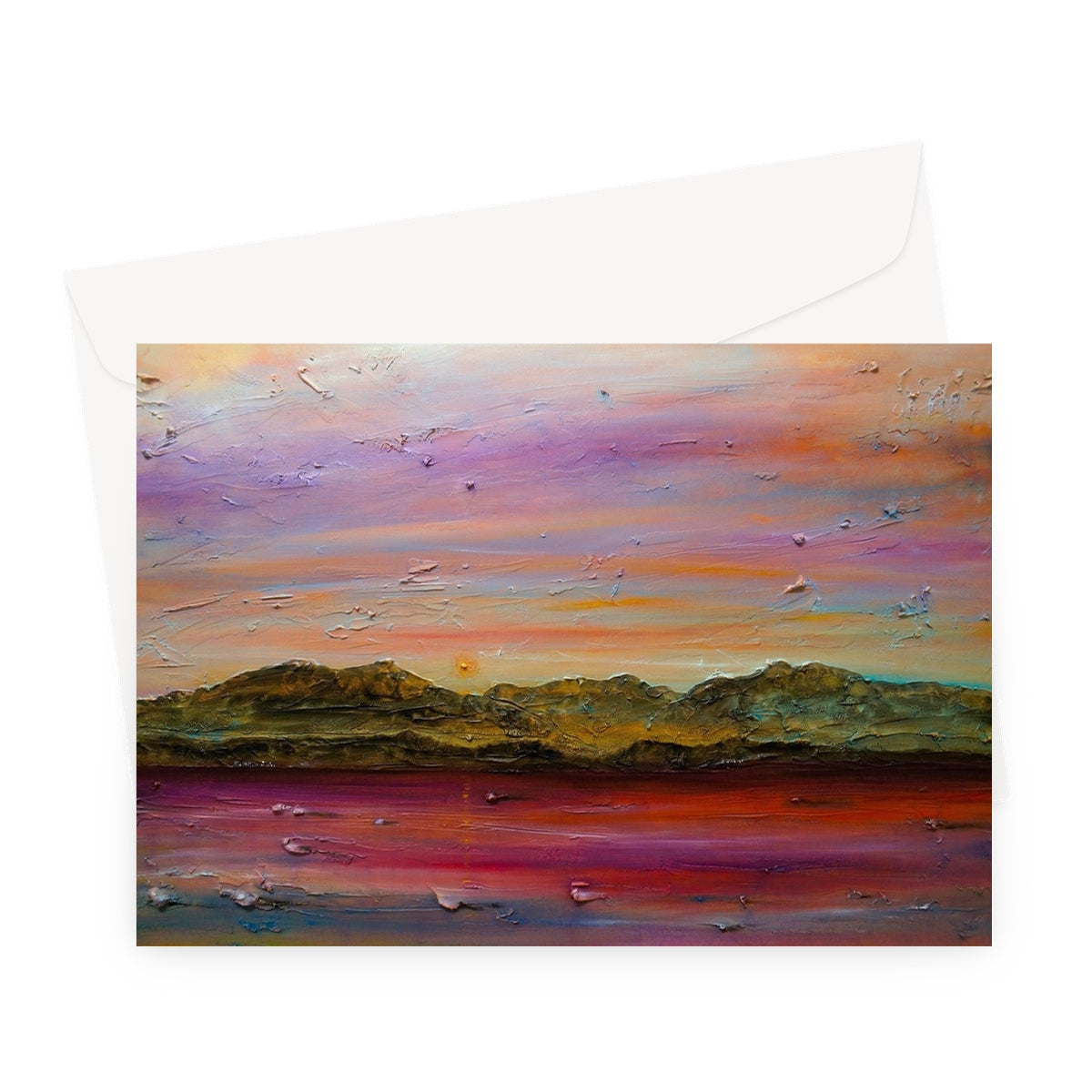 Vibrant textured painting of Arran winter dusk sunset over mountains and water on greeting card
