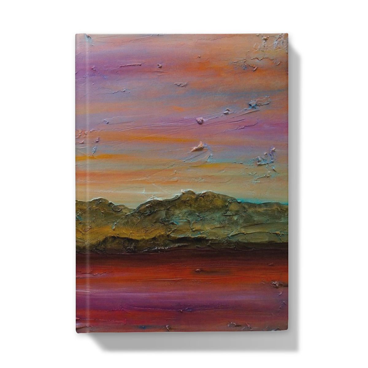 Arran Winter Dusk hardback journal with impressionistic purple orange green landscape