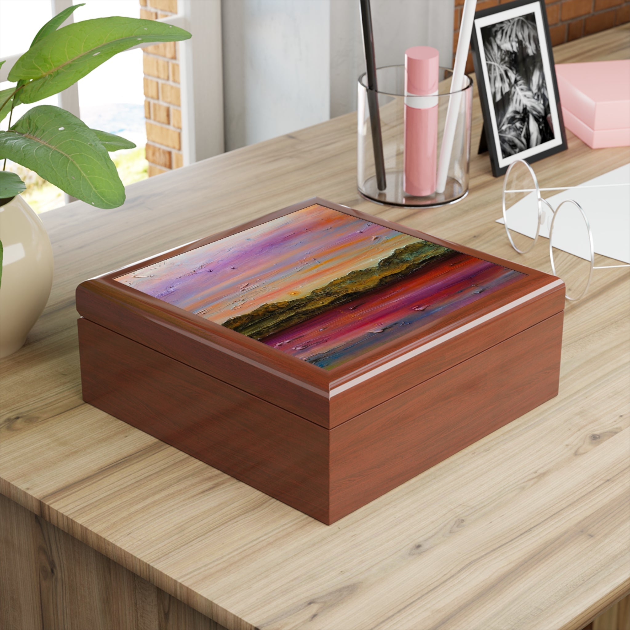 Arran Winter Dusk jewelry box with vibrant abstract landscape lid