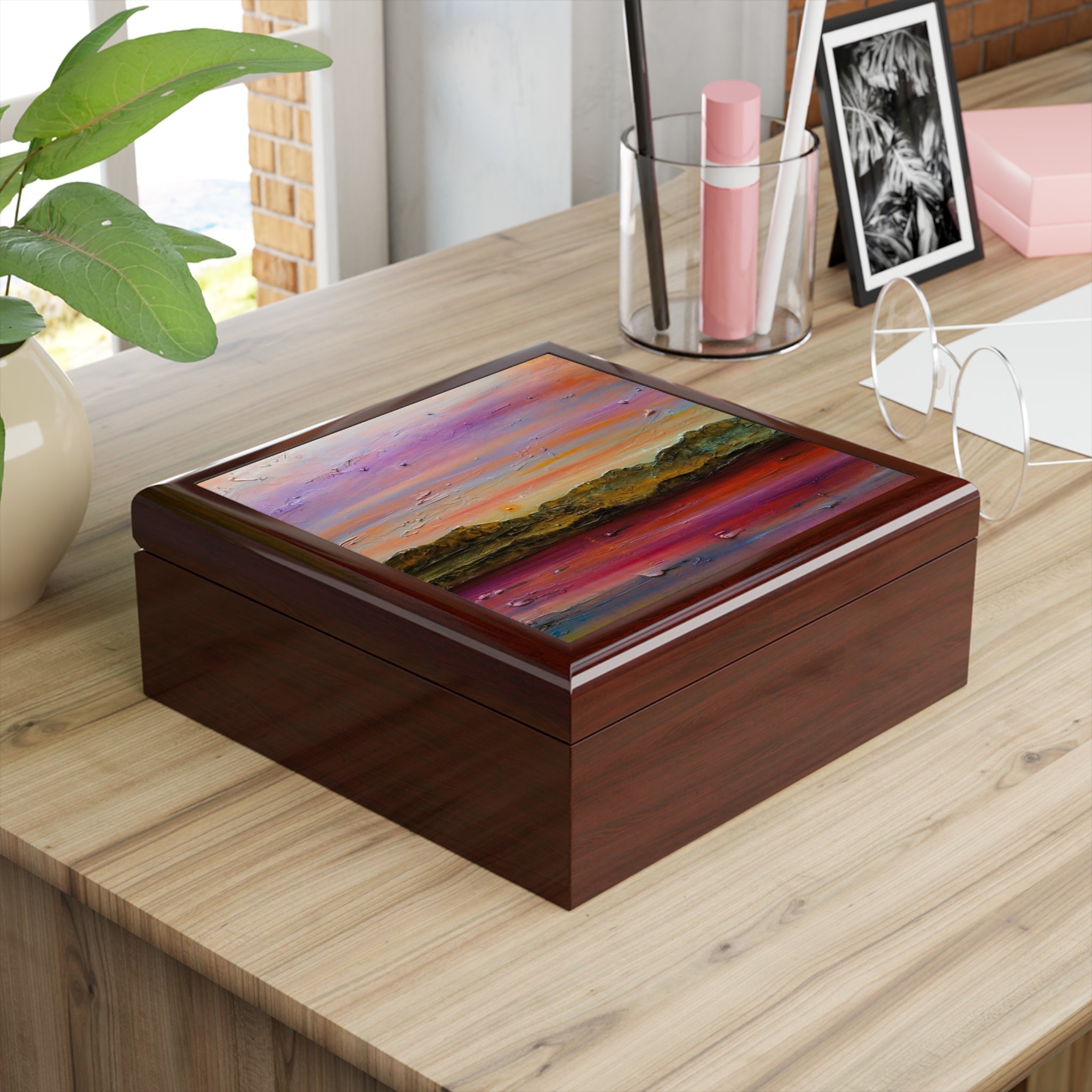 Arran Winter Dusk jewelry box with vibrant painted dusk landscape lid