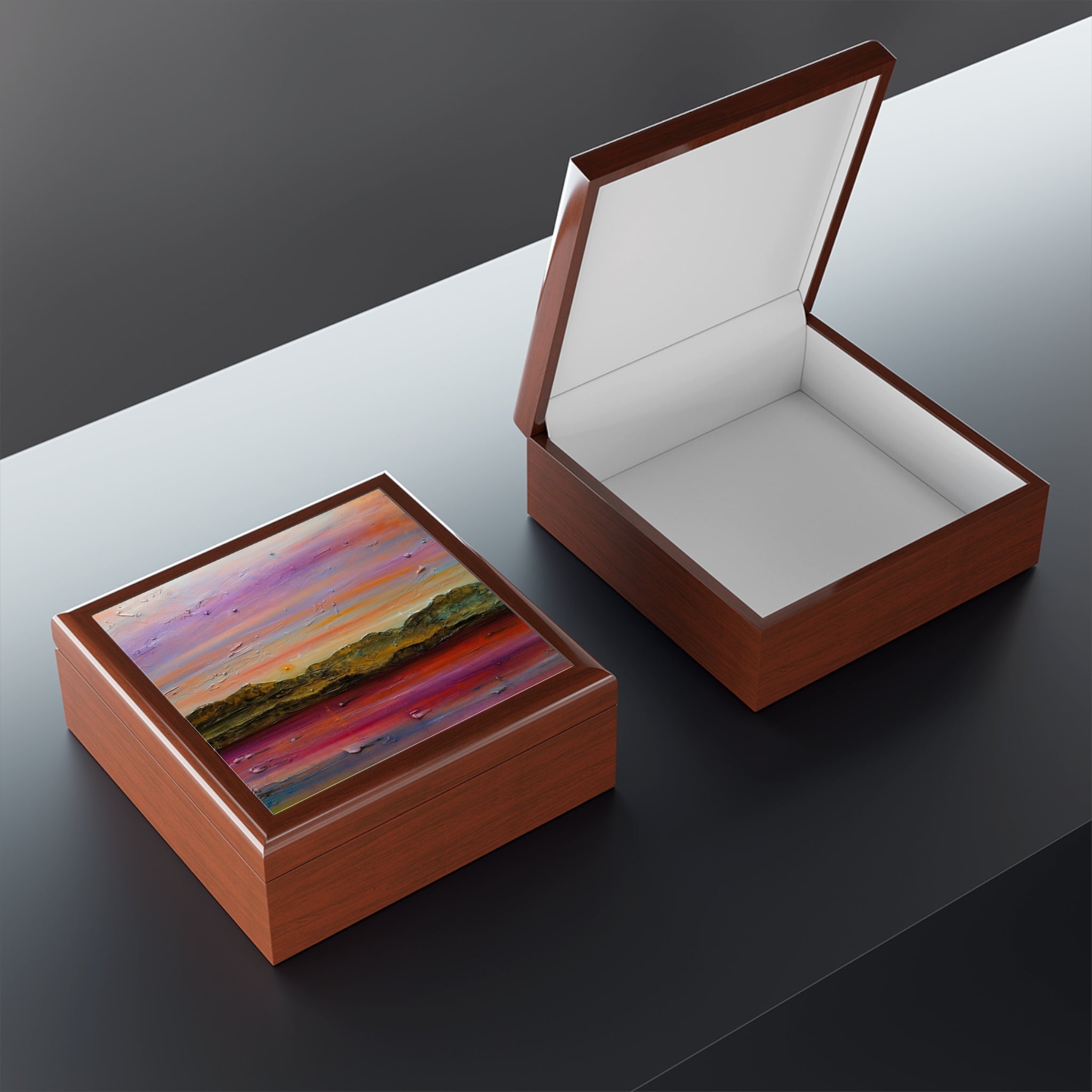 Arran Winter Dusk jewelry box with colorful abstract landscape lid