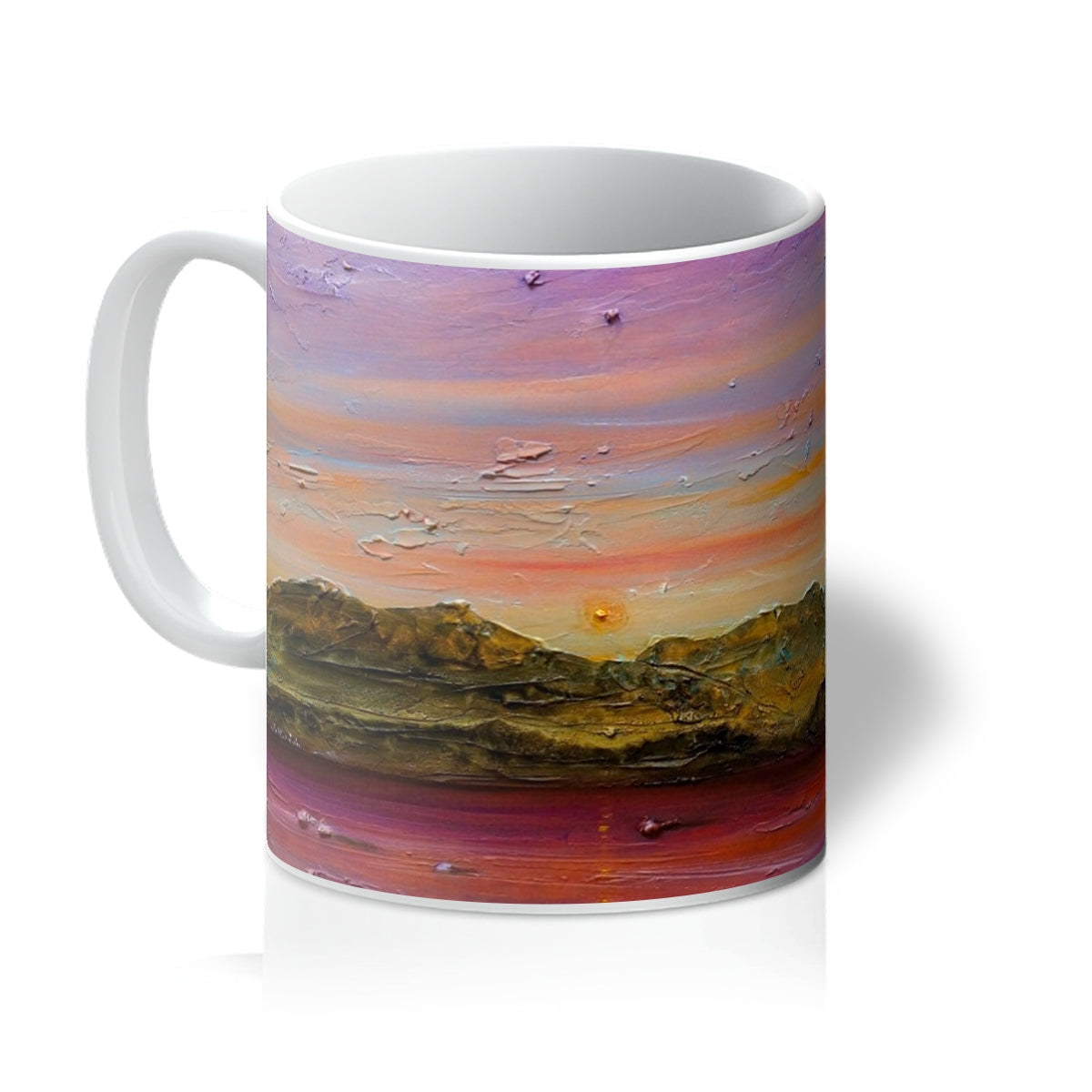 Arran Winter Dusk white ceramic mug with textured sunset over mountains