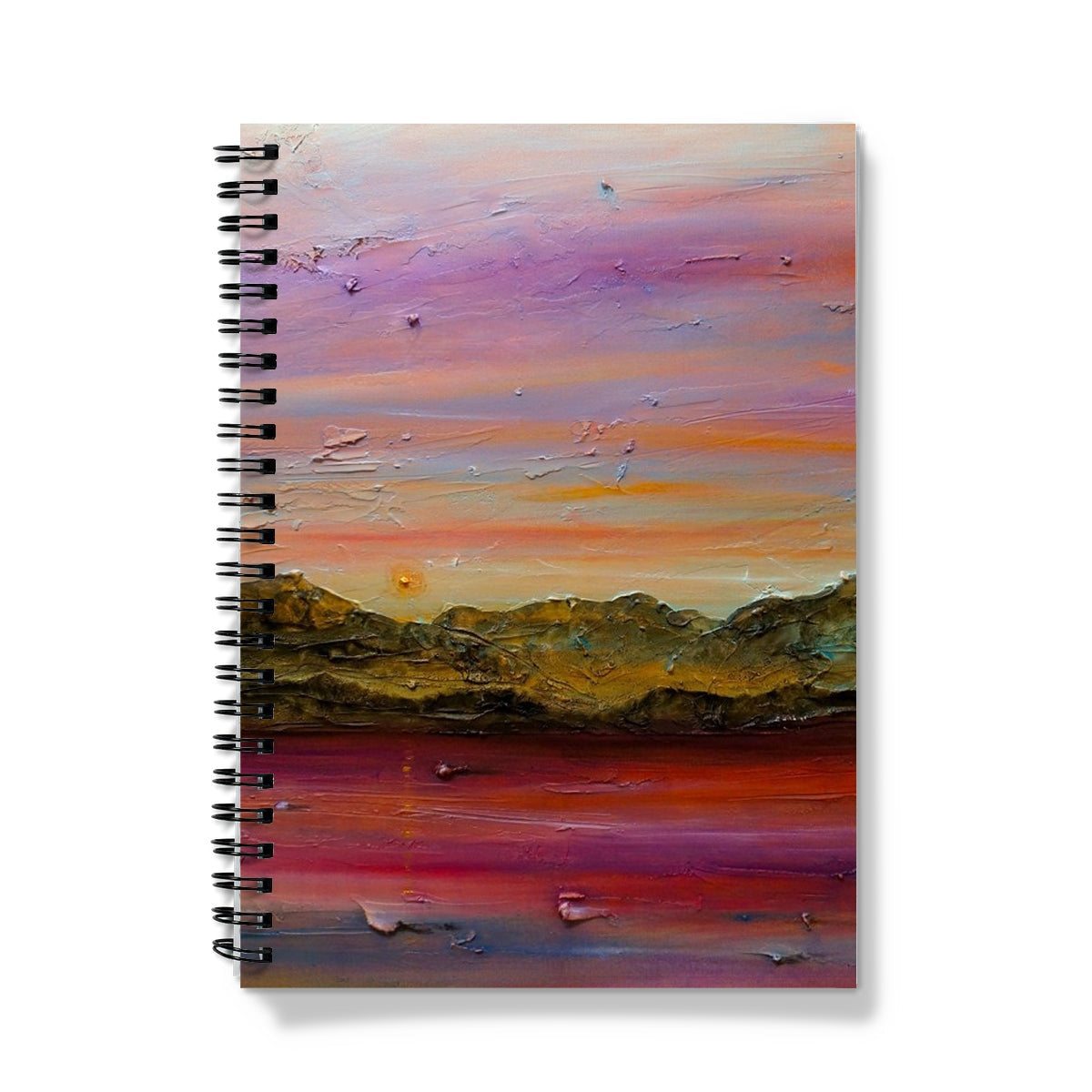 Arran Winter Dusk Notebook with abstract purple-orange-pink landscape