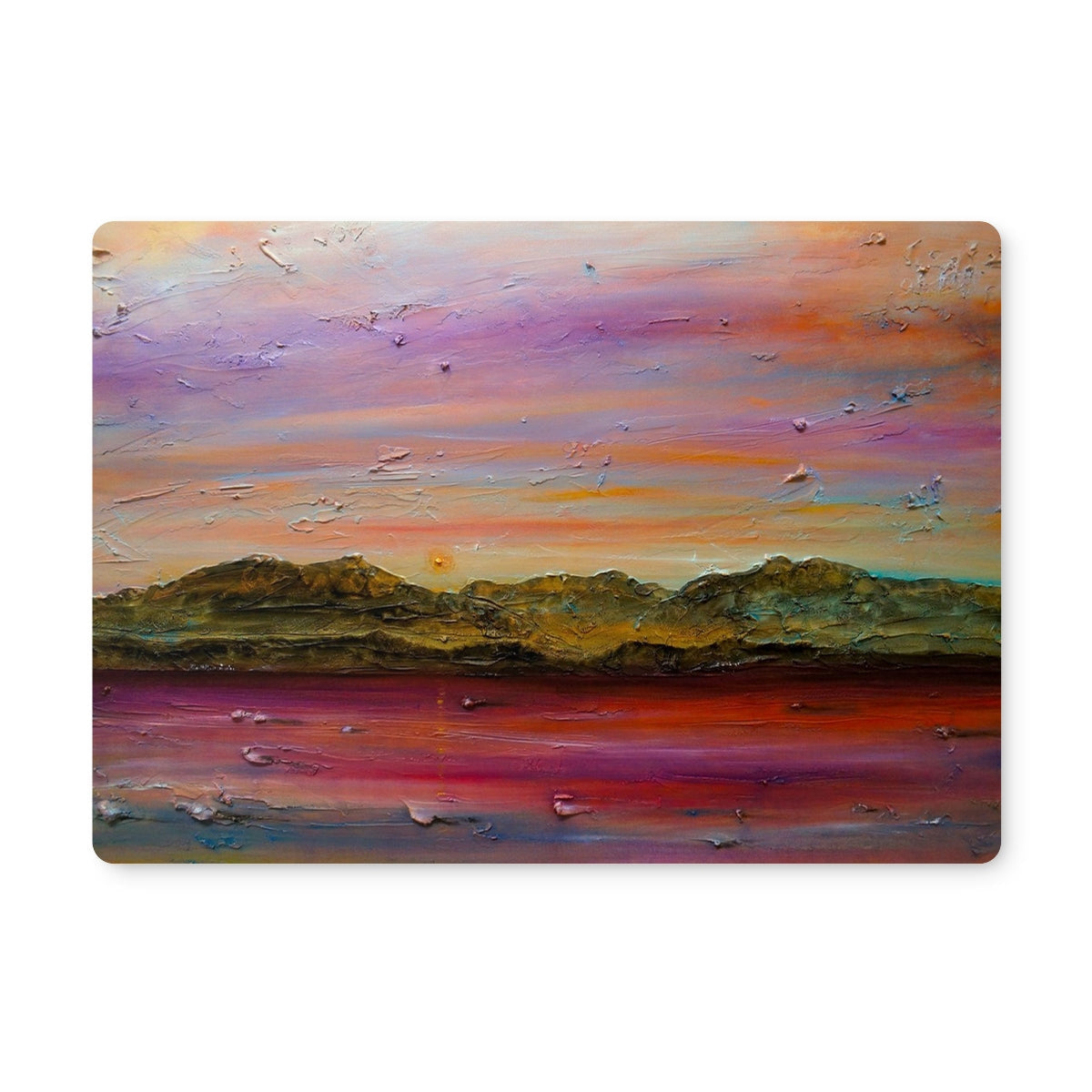 Vibrant abstract Arran Winter Dusk placemat with purple-orange-pink skies over green mountains