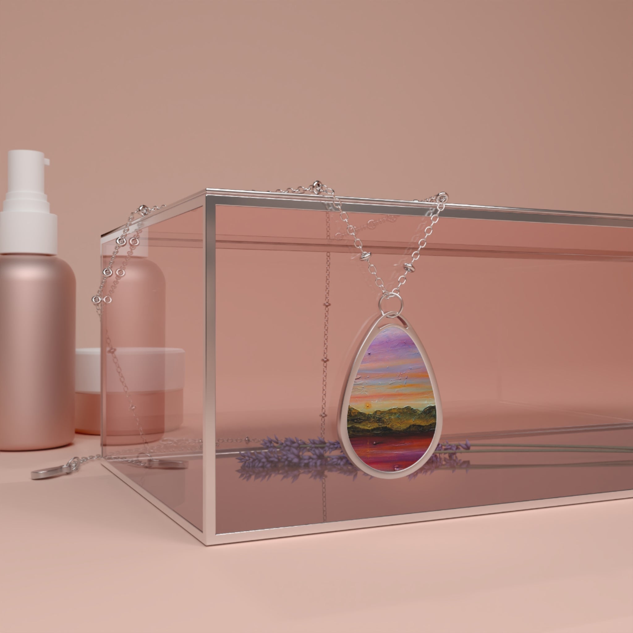 Arran Winter Dusk silver teardrop pendant with sunset resin landscape