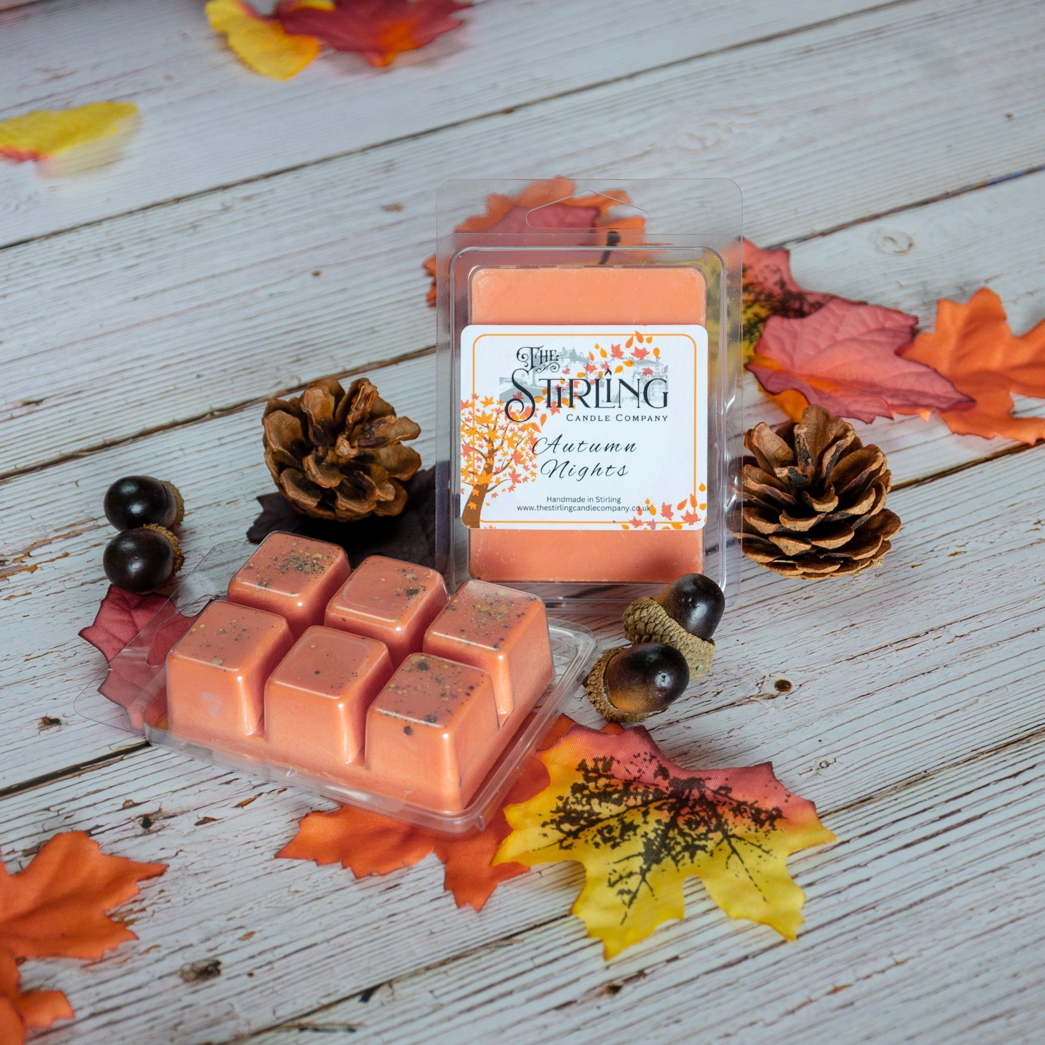 Autumn Nights peach wax melt clamshell by Stirling Candle Company