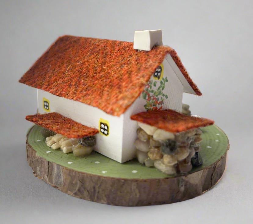 Miniature White Cottage with textured orange roof and stone accents for Autumnal Harris Tweed product