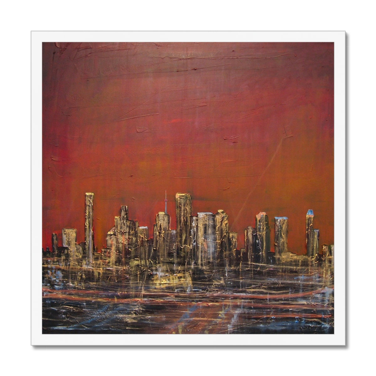 Houston Dusk Texas Painting | Framed Prints From Scotland-Framed Prints-World Art Gallery-20"x20"-White Frame-Paintings, Prints, Homeware, Art Gifts From Scotland By Scottish Artist Kevin Hunter