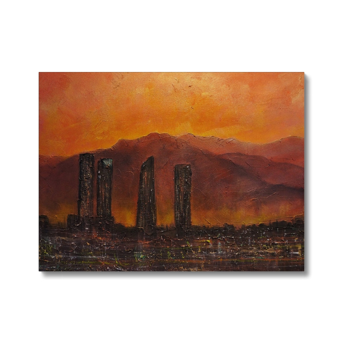 Madrid Dusk Canvas: Modern city skyline with skyscrapers and fiery sunset mountains