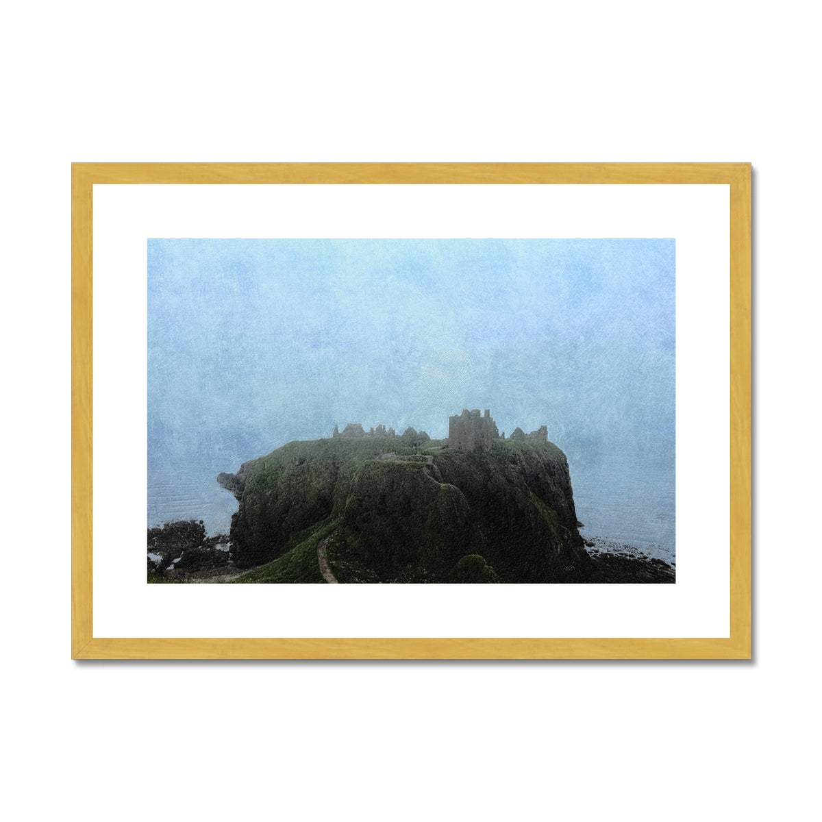 Dunnottar Castle Mist Painting | Antique Framed & Mounted Prints From Scotland-Antique Framed & Mounted Prints-Historic & Iconic Scotland Art Gallery-A2 Landscape-Gold Frame-Paintings, Prints, Homeware, Art Gifts From Scotland By Scottish Artist Kevin Hunter