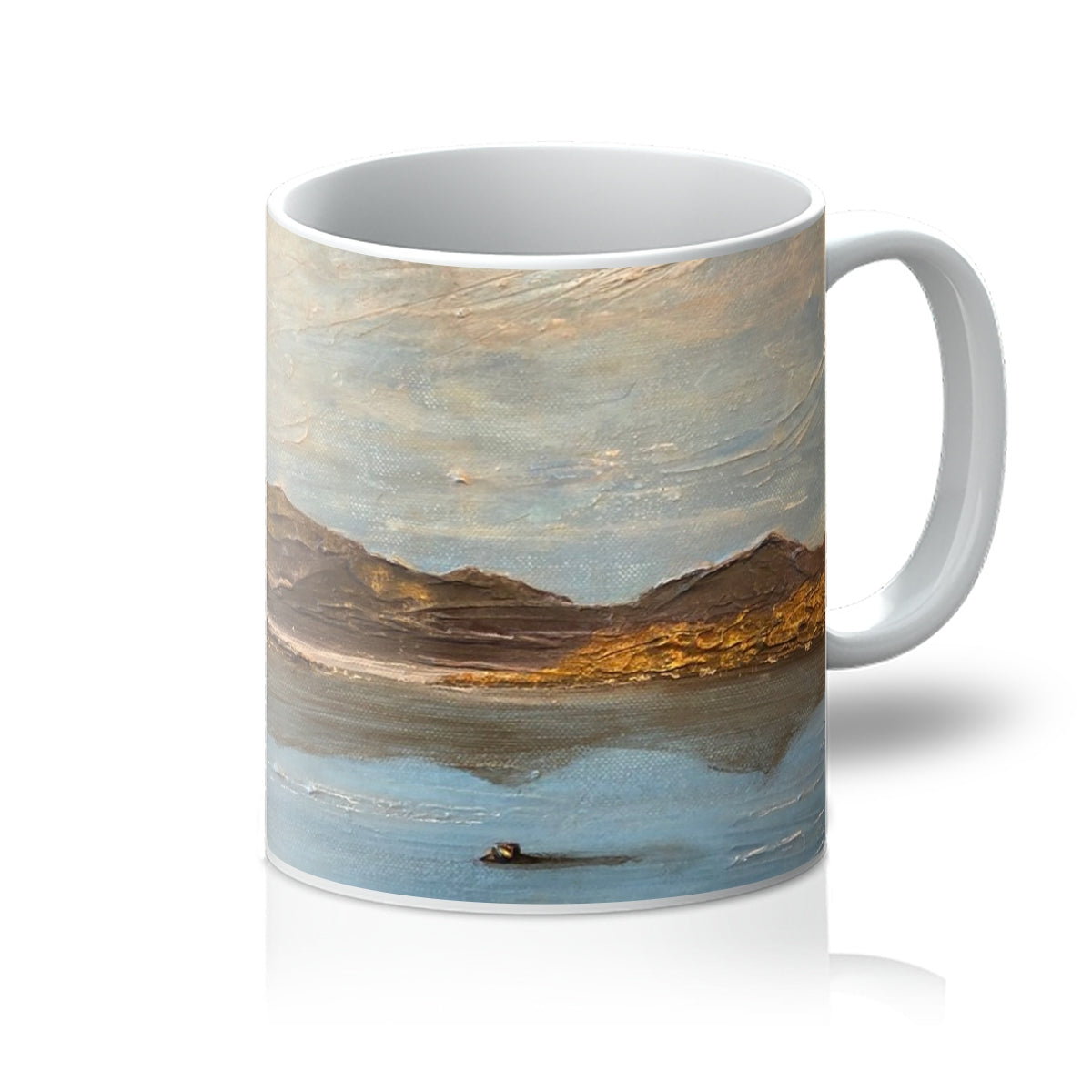 Loch Druidibeg ceramic mug with abstract landscape in muted earth tones and soft blues