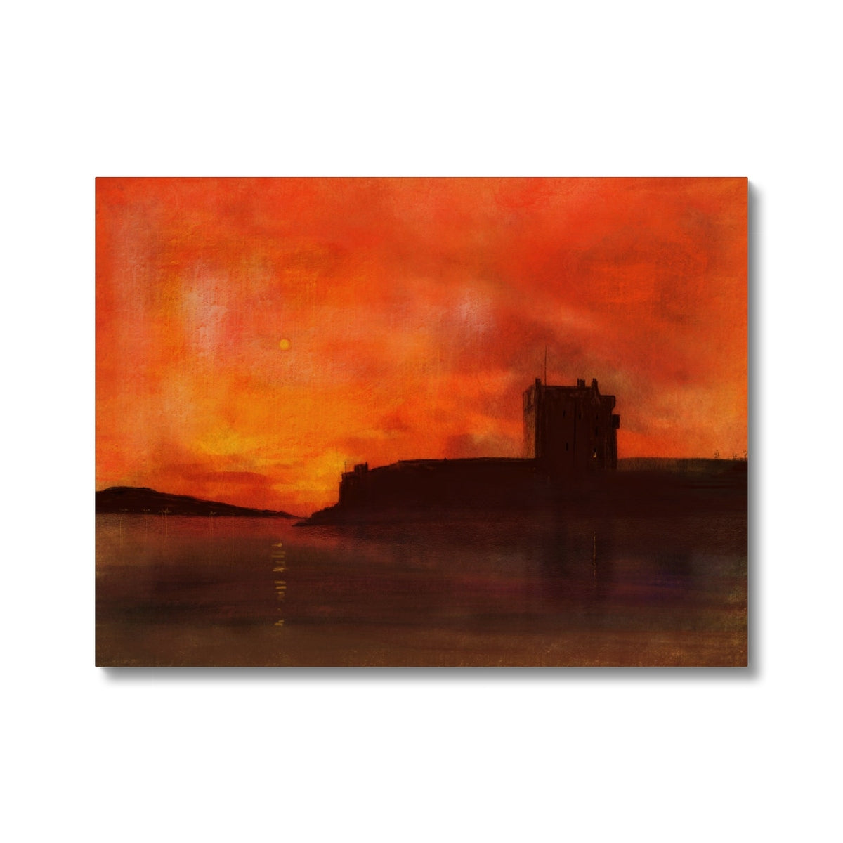 Red and orange sunset watercolor of Broughty Castle silhouette on shore