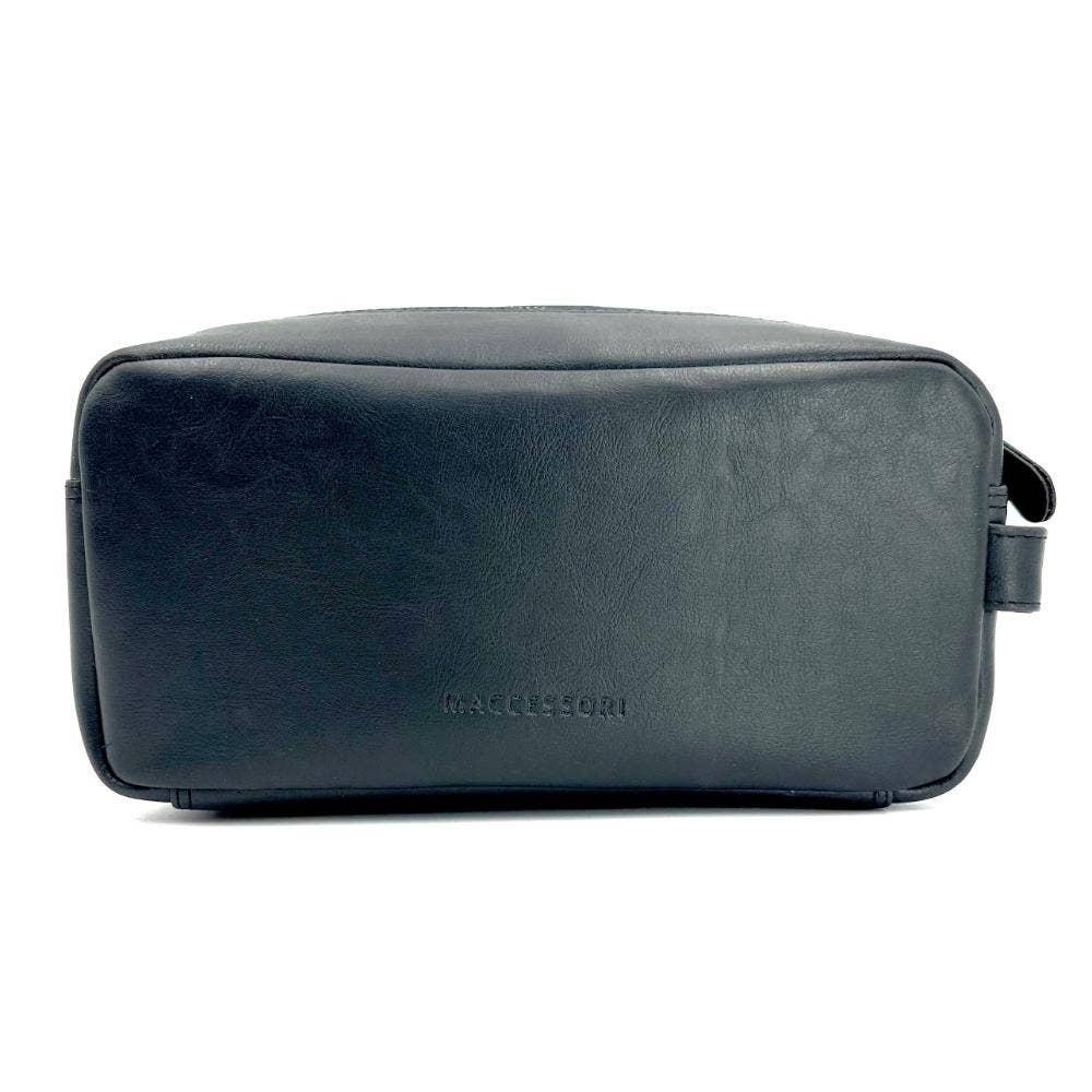 Black leather Harris Tweed toiletry bag in charcoal with subtle embossed brand name for travel organization