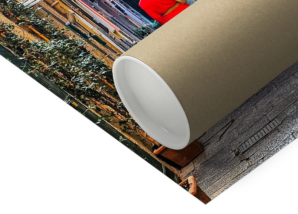 Beige cardboard tube with white interior on Backstreets of Lerici print backdrop