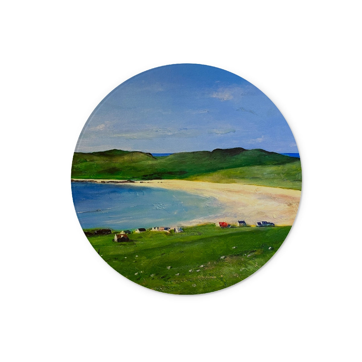 Balephuil Beach Tiree Art Gifts Glass Chopping Board-Glass Chopping Boards-Hebridean Islands Art Gallery-12" Round-Paintings, Prints, Homeware, Art Gifts From Scotland By Scottish Artist Kevin Hunter