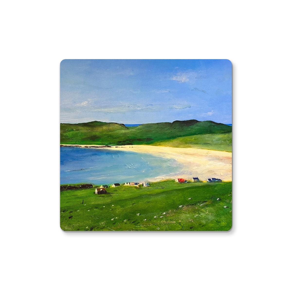 Balephuil Beach Tiree Coaster with sandy shoreline and hills