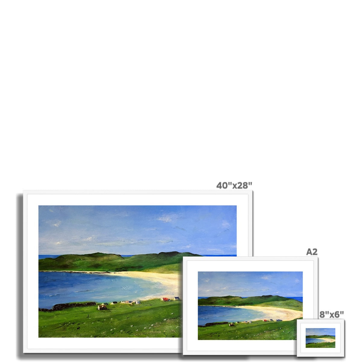 40x28 inch framed Balephuil Beach Tiree print with white frame