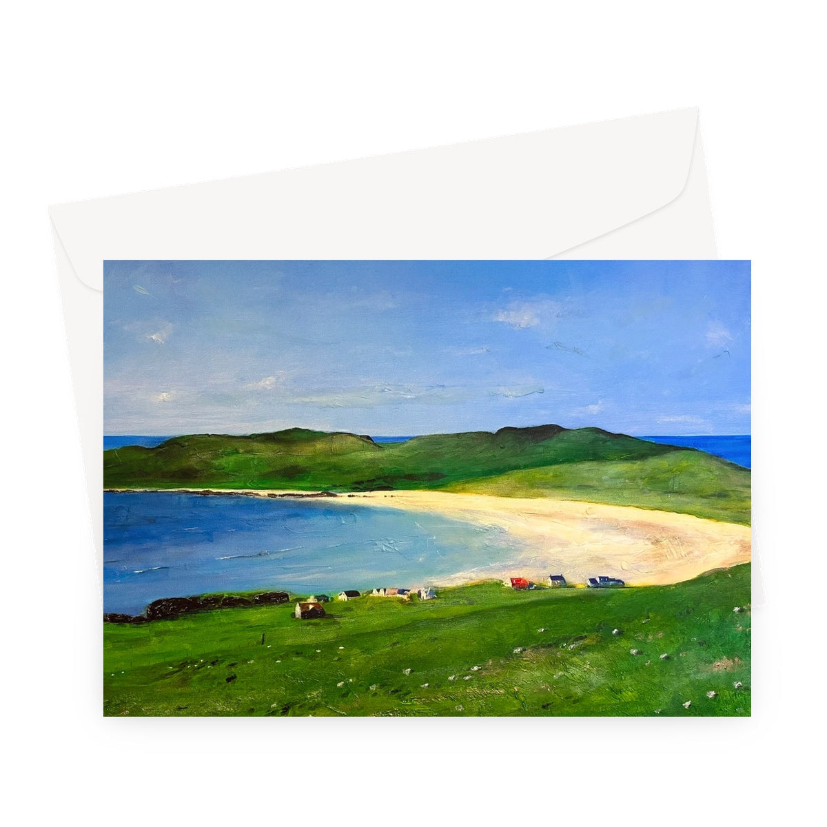 Balephuil Beach Tiree Greeting Card: Sandy Shore, Green Hills, Blue Water