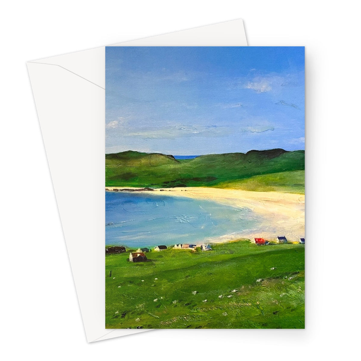 Balephuil Beach Tiree greeting card with ocean waves and umbrellas