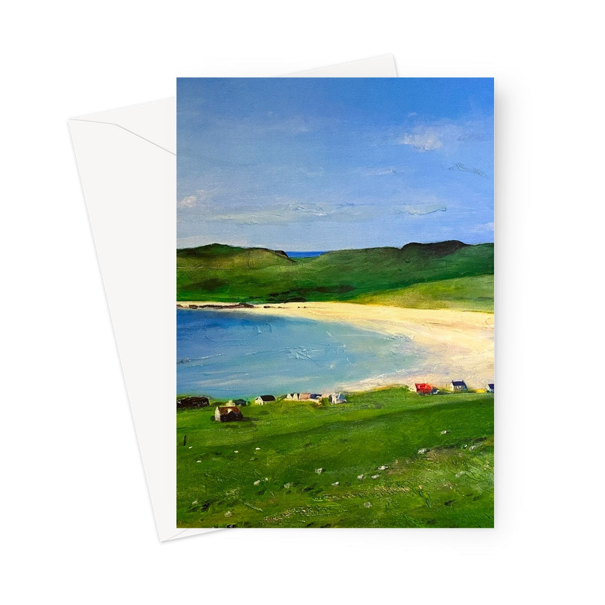 Balephuil Beach Tiree greeting card with green grass, blue sky and ocean