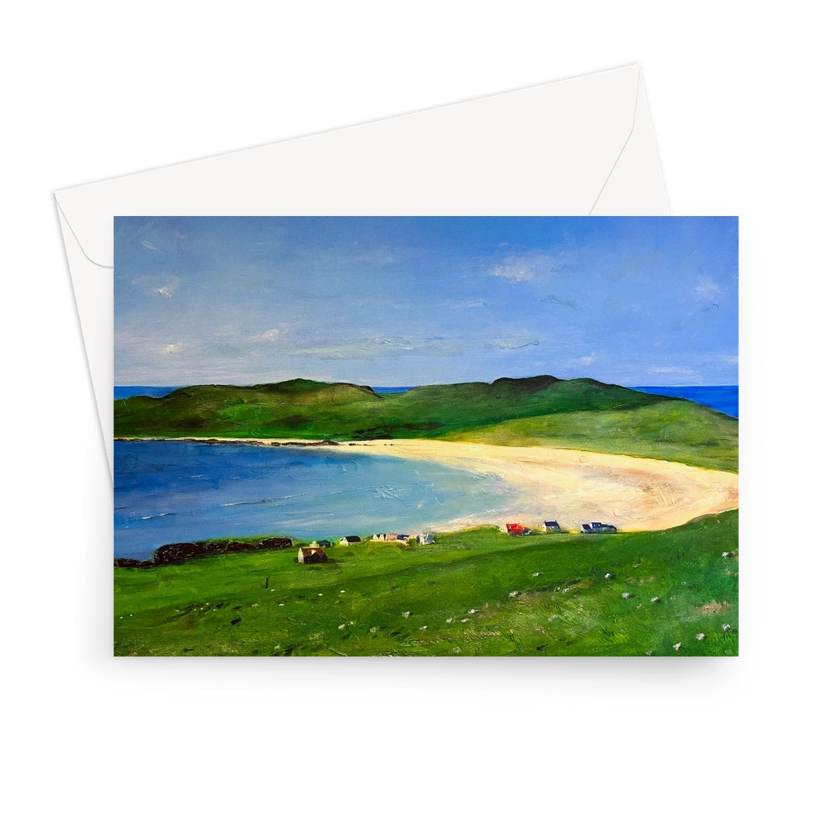 Balephuil Beach Tiree greeting card with sandy shore, green hills, blue sky