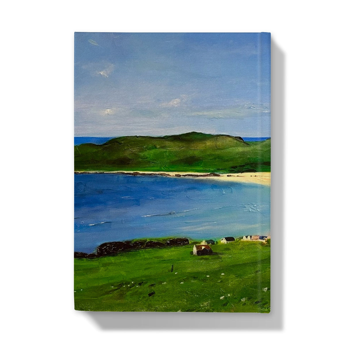 Balephuil Beach Tiree hardback journal with green grass and ocean cover