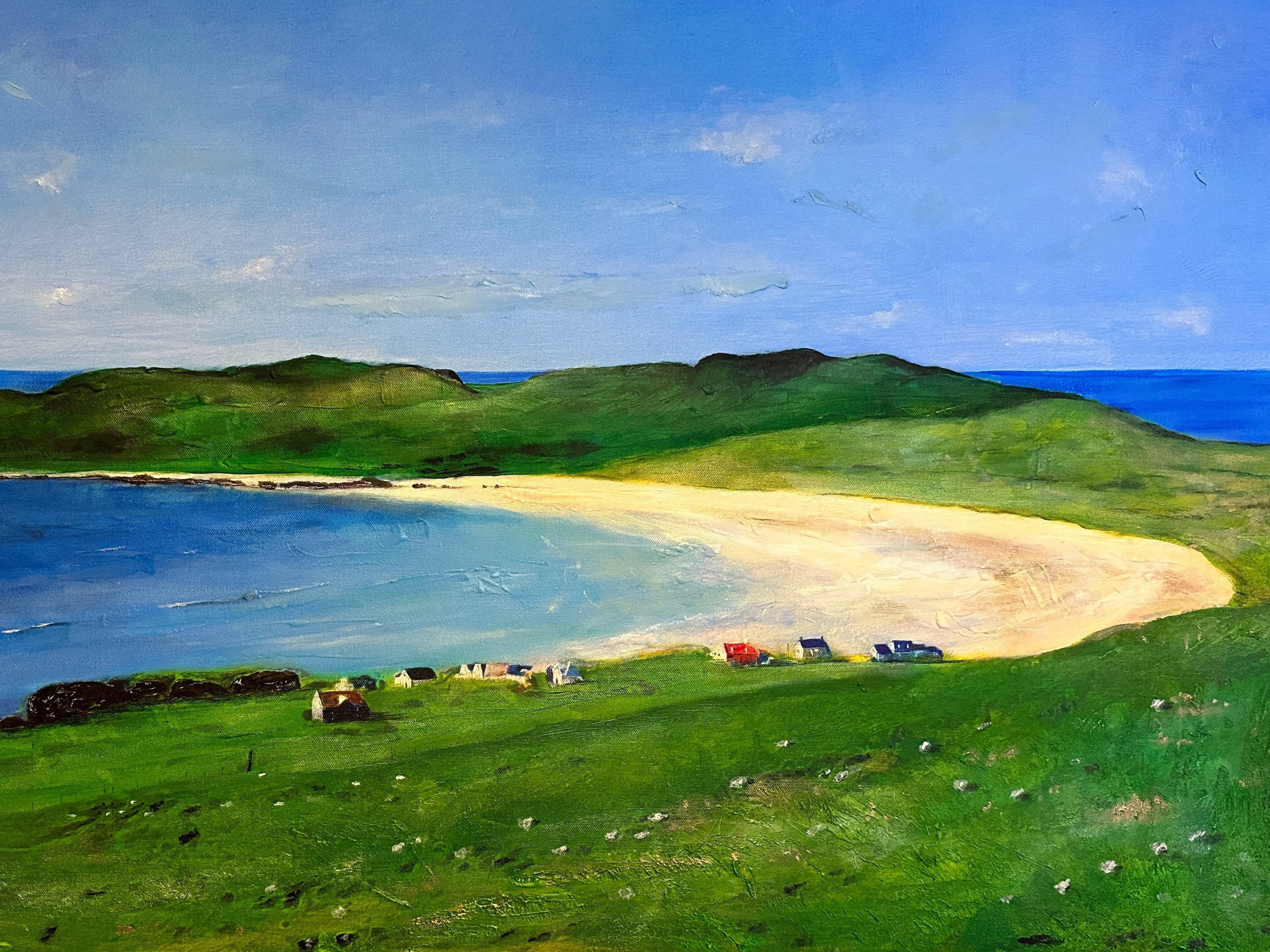 Coastal landscape painting of Balephuil Beach Tiree showcasing vibrant colors and serene scenery