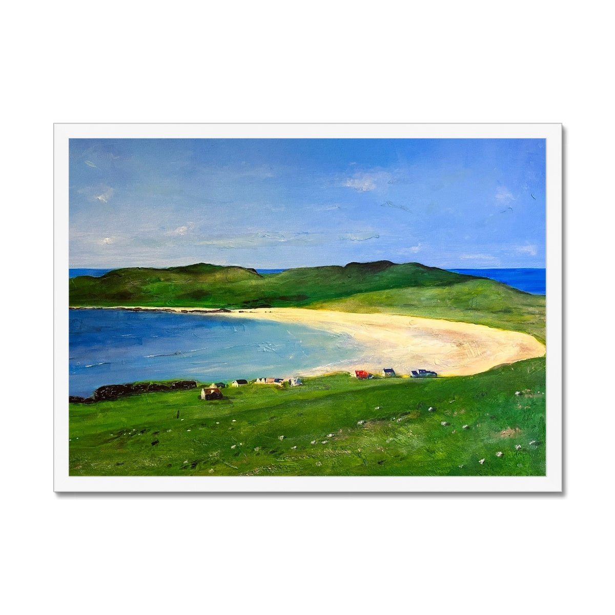 Balephuil Beach Tiree Painting | Framed Prints From Scotland-Framed Prints-Hebridean Islands Art Gallery-A2 Landscape-White Frame-Paintings, Prints, Homeware, Art Gifts From Scotland By Scottish Artist Kevin Hunter