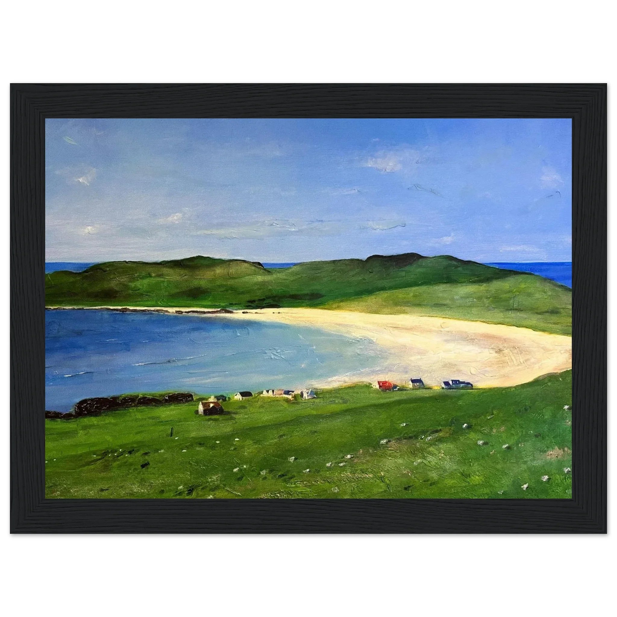Black-framed Balephuil Beach painting, Tiree Scotland coastal landscape