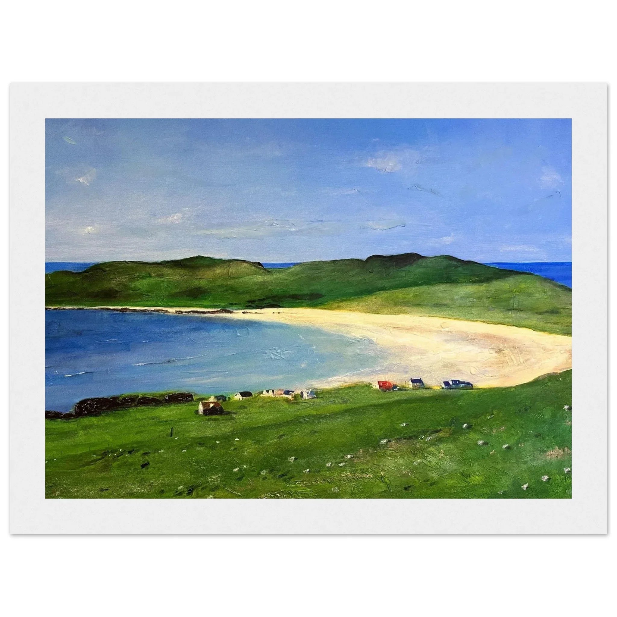 Framed Balephuil Beach Tiree painting of serene coastal landscape