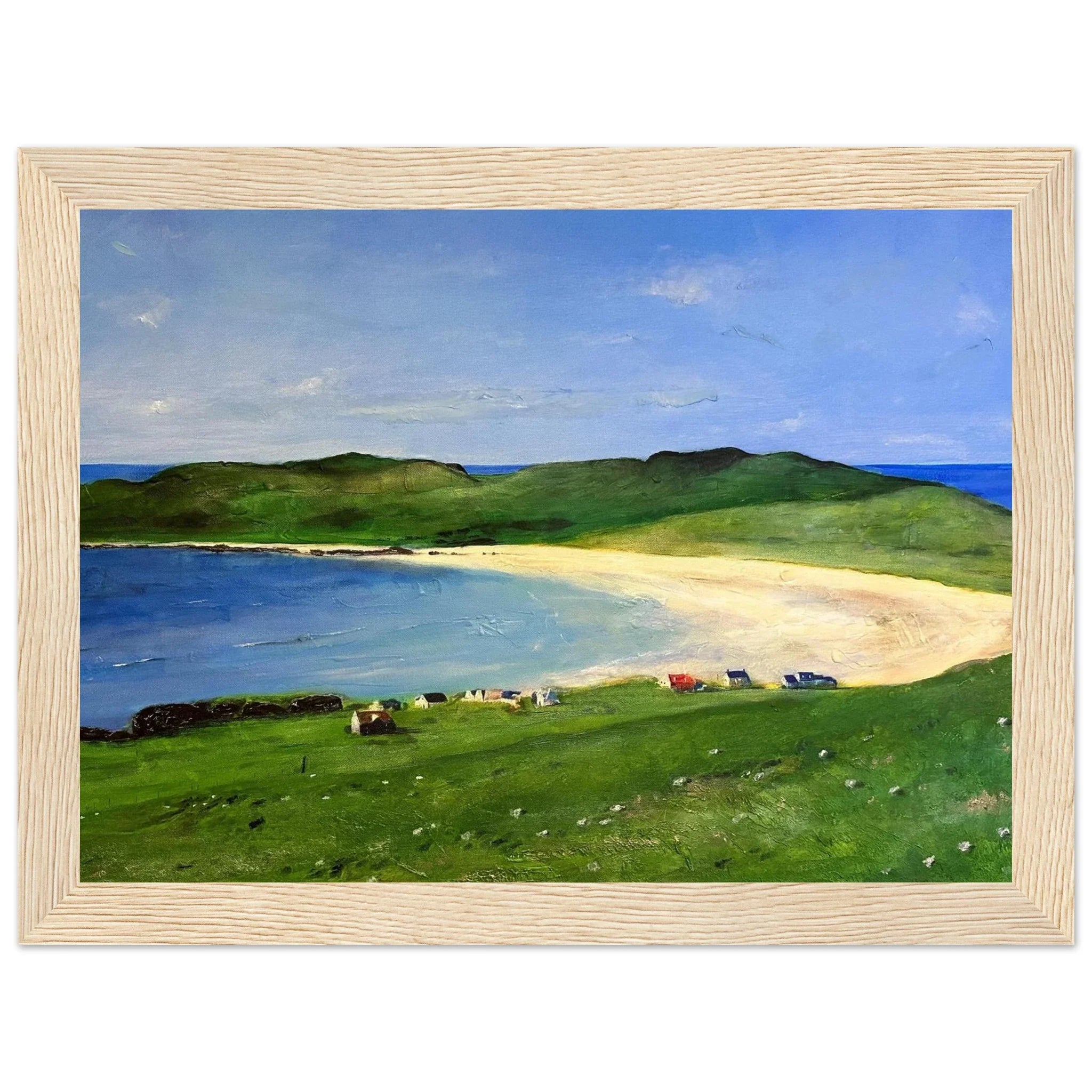 Balephuil Beach Tiree painting: beige wood-framed coastal landscape with green hills, sandy beach, and blue water under clear sky