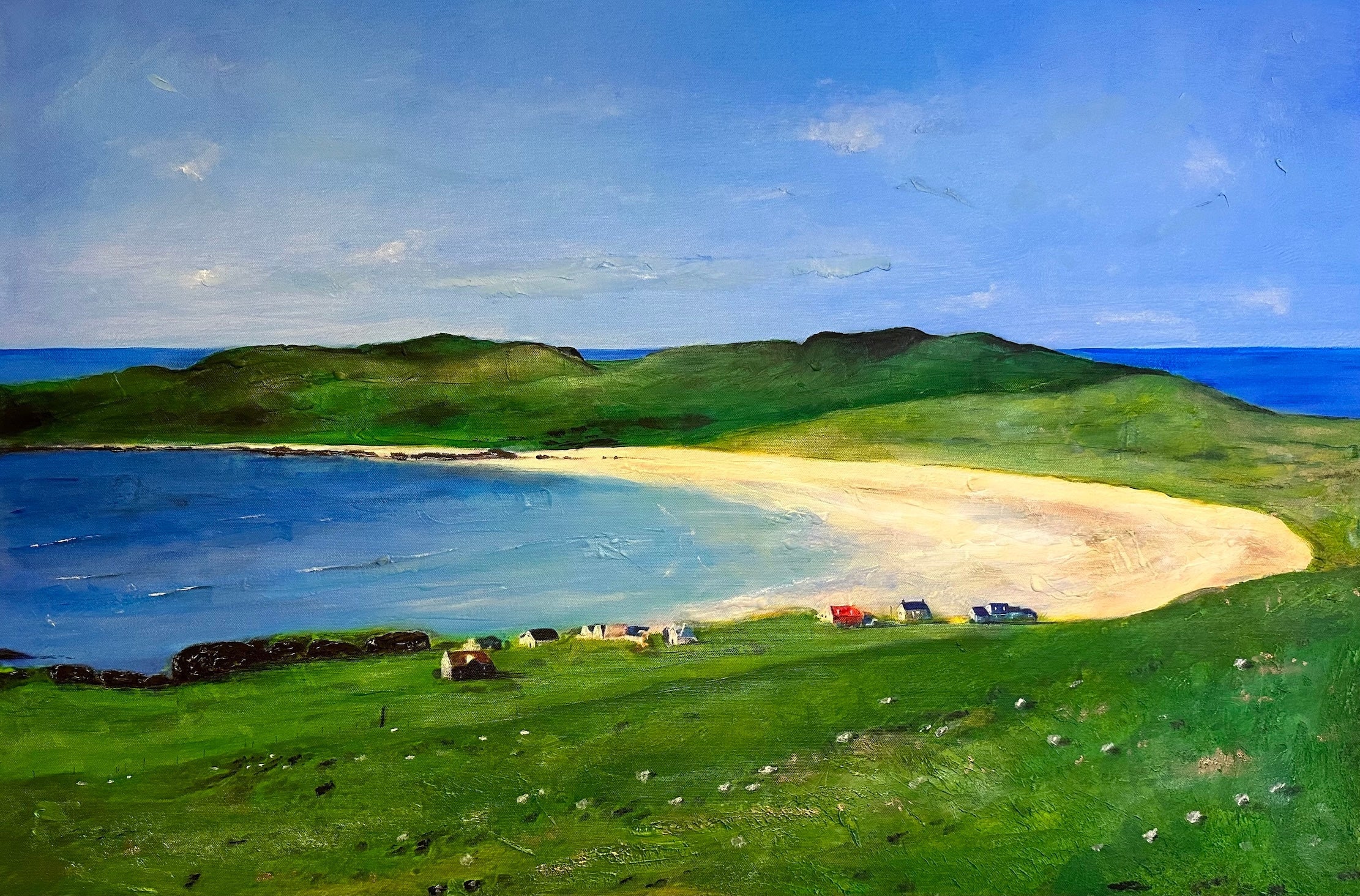 Vibrant coastal landscape painting of a crescent sandy beach and green hills from Scotland