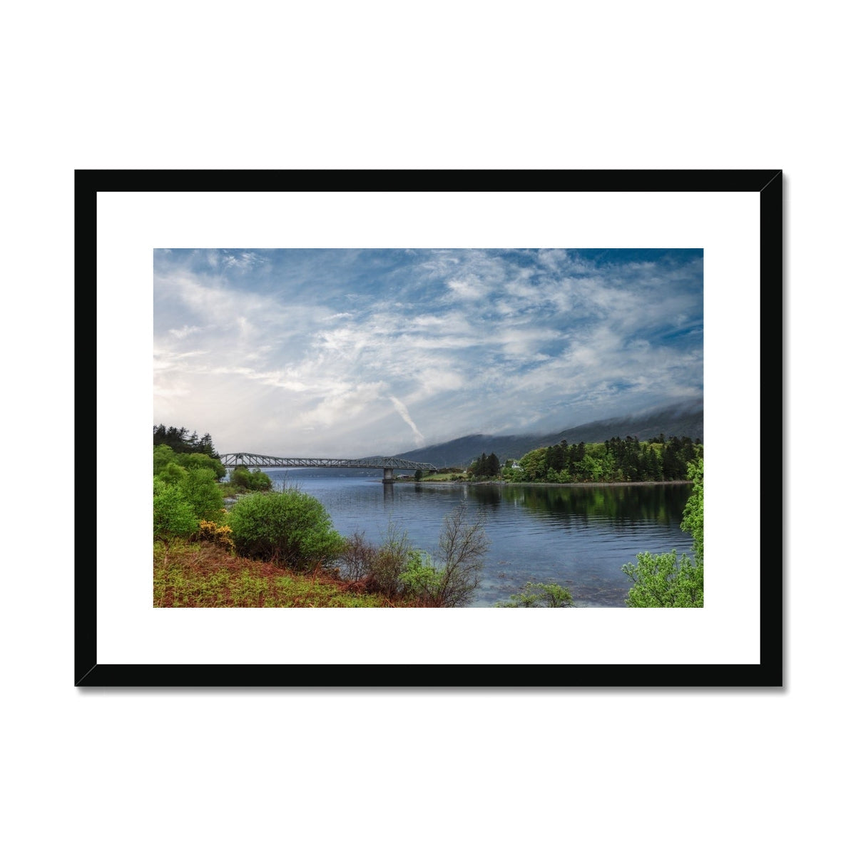 Black-framed Ballachulish Bridge serene lake canvas print